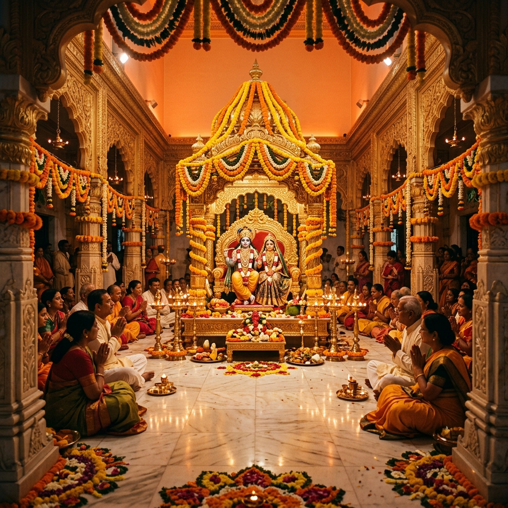 Temple Interior with Diyas